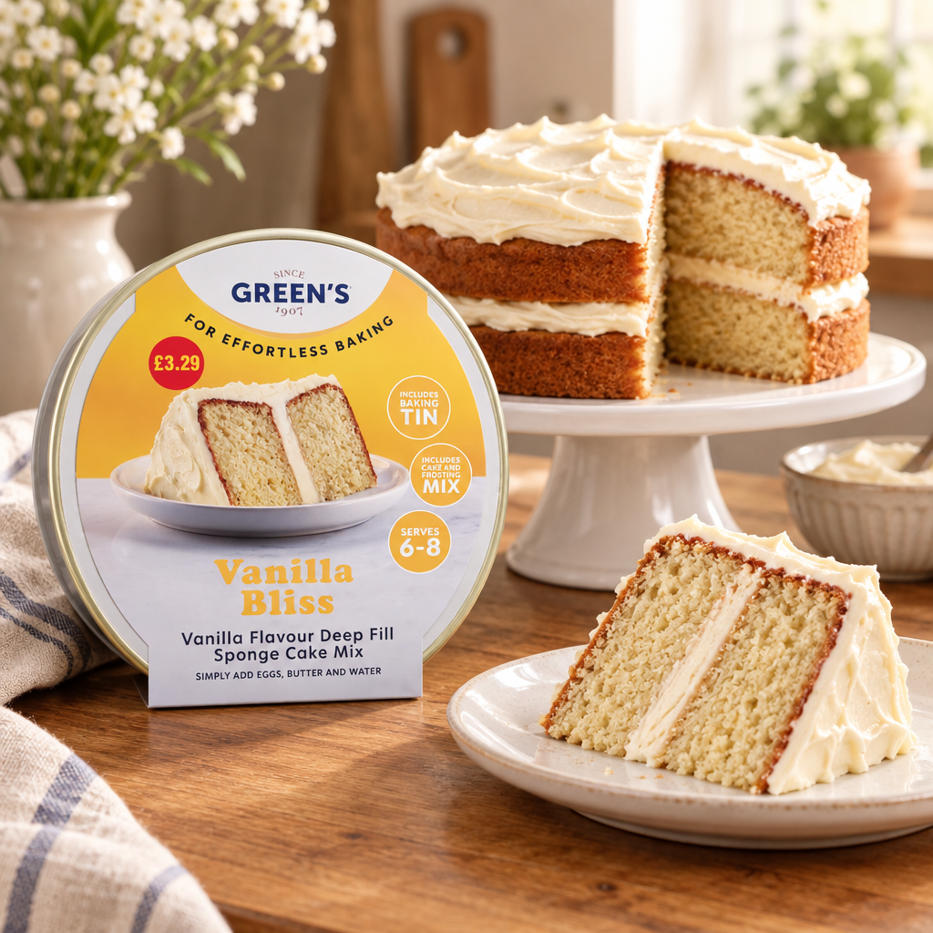 A tin of New Green's Vanilla Bliss Sponge Cake Mix is shown in the foreground next to a slice of layered vanilla cake on a plate, with a full cake on a stand in a warm kitchen setting.
