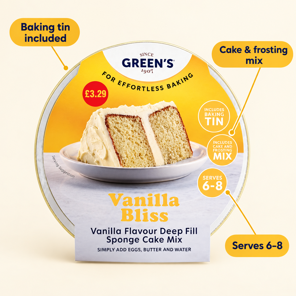 A round tin of Green's Vanilla Bliss Sponge Cake Mix on a light cream background, with callout labels pointing to included baking tin, cake and frosting mix, and serving size 6-8.