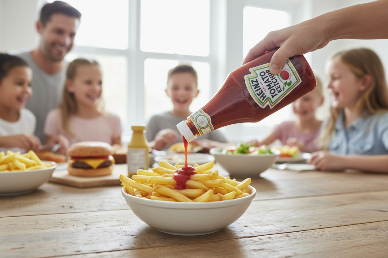 A hand pours Heinz Tomato Ketchup from a bottle into a bowl of french fries on a wooden table, with a family dining in the background.