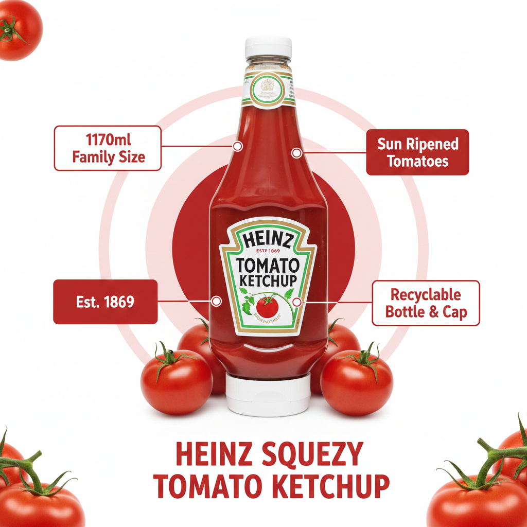Heinz Squezy Tomato Ketchup bottle centered on a white background with tomato illustrations around it and callout labels reading 1170ml Family Size, Sun Ripened Tomatoes, Est. 1869, and Recyclable Bottle & Cap.