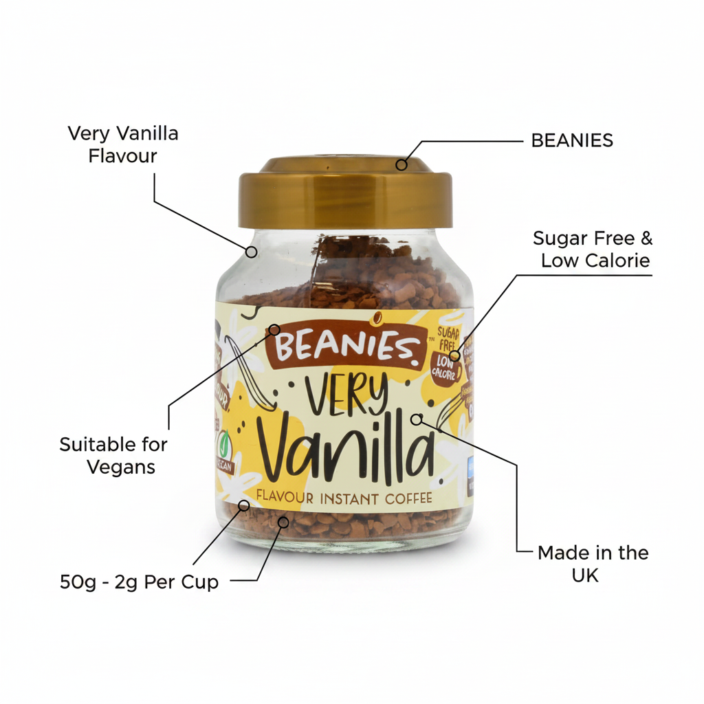 Beanies Very Vanilla Flavour Instant Coffee 50g - product highlight with packaging callouts