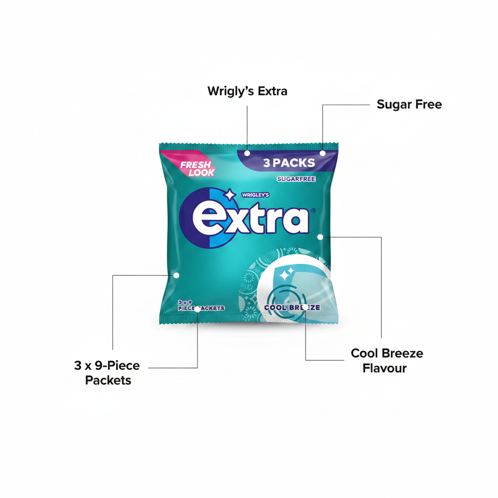 Wrigley's Extra Cool Breeze Sugar Free Gum 3 Pack - product highlight with packaging callouts