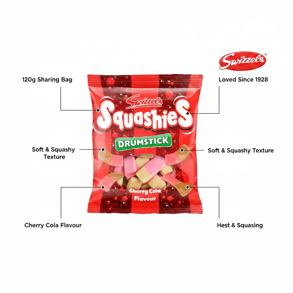 Swizzels Squashies Drumstick Cherry Cola Flavour 120g - product highlight with packaging callouts