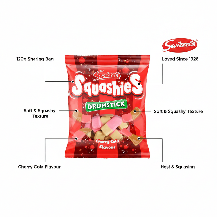 Swizzels Squashies Drumstick Cherry Cola Flavour 120g - product highlight with packaging callouts