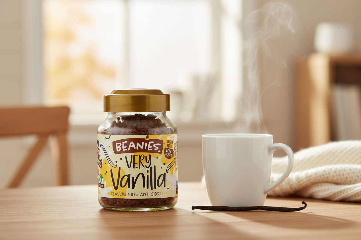 Beanies Very Vanilla Flavour Instant Coffee 50g - lifestyle image with steaming mug and vanilla pod