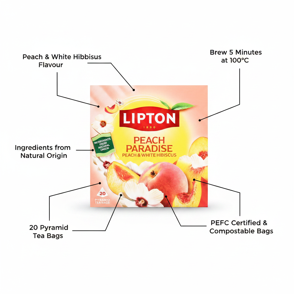 Lipton Peach Paradise 20 Pyramid Tea Bags 46g - product highlight with packaging callouts