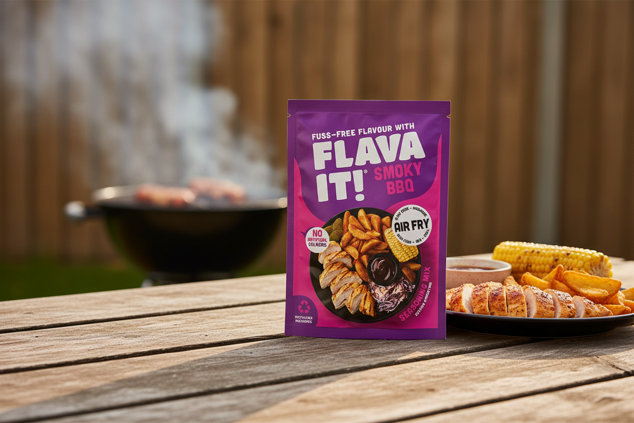 Flava It! Smoky BBQ Seasoning Mix 35g - lifestyle image with seasoned chicken, potato wedges and BBQ sauce