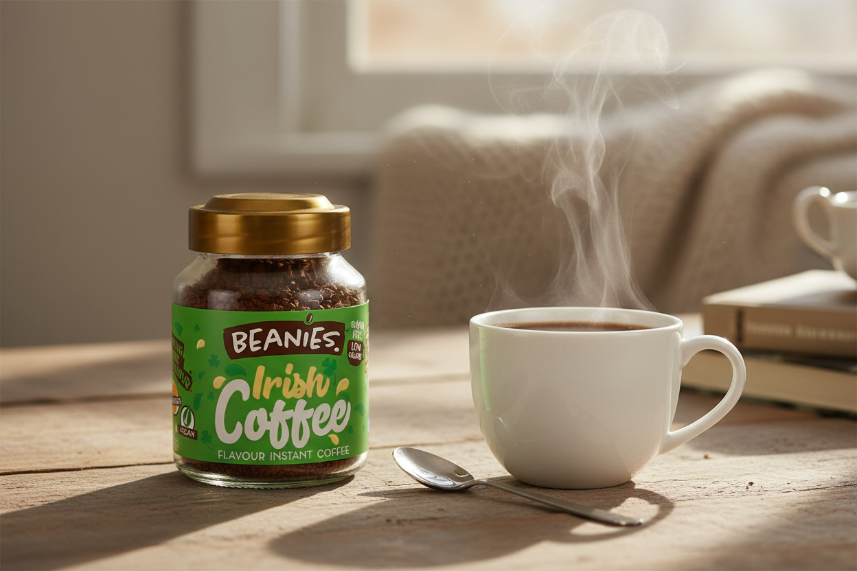 Beanies Irish Coffee Flavour Instant Coffee 50g - lifestyle image with steaming mug and morning light