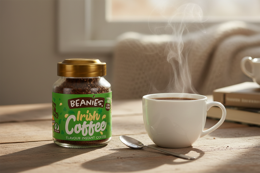 Beanies Irish Coffee Flavour Instant Coffee 50g - lifestyle image with steaming mug and morning light