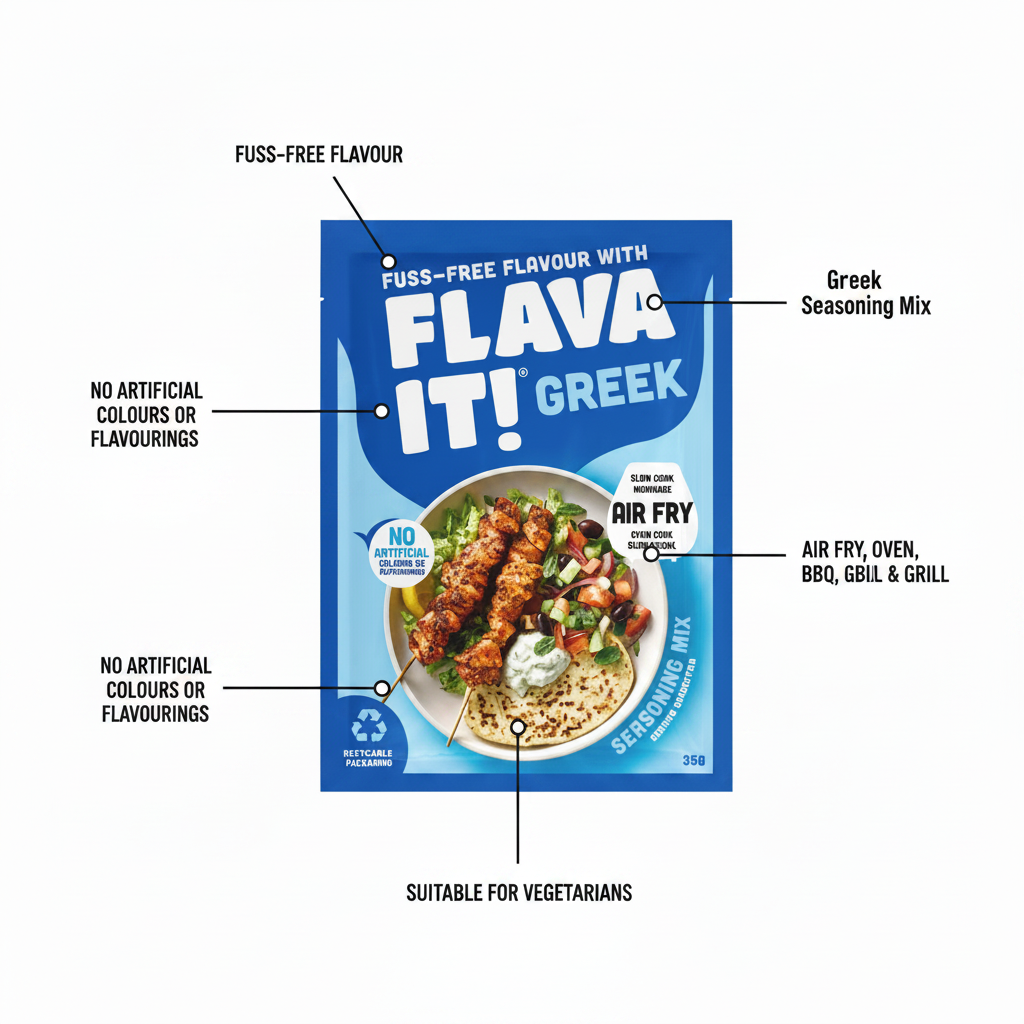 Flava It! Greek Seasoning Mix 35g - product highlight with packaging callouts