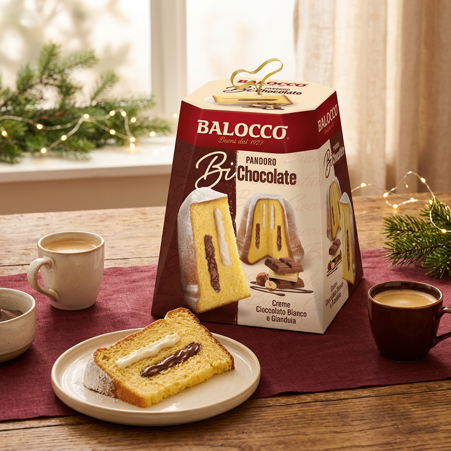 Balocco Pandoro Bi-Chocolate Cake in a festive table setting