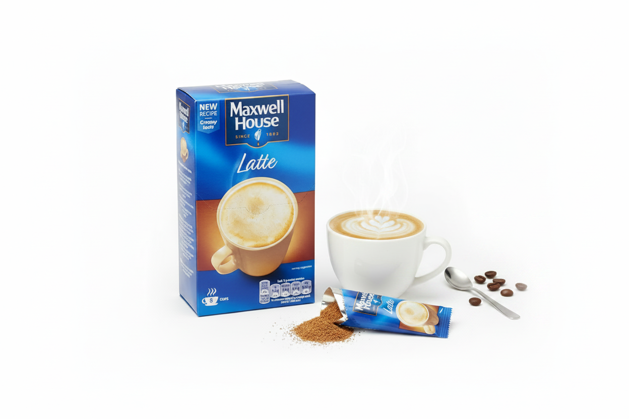 Maxwell House Latte box with open sachet, coffee powder, and a frothy latte in a clear glass mug on a white background