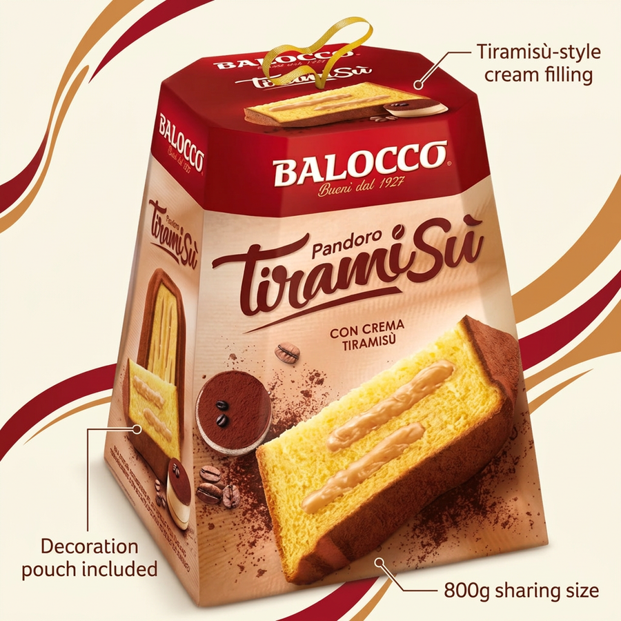 Balocco Pandoro Tiramisu Cream Cake product highlight with a single 800g callout
