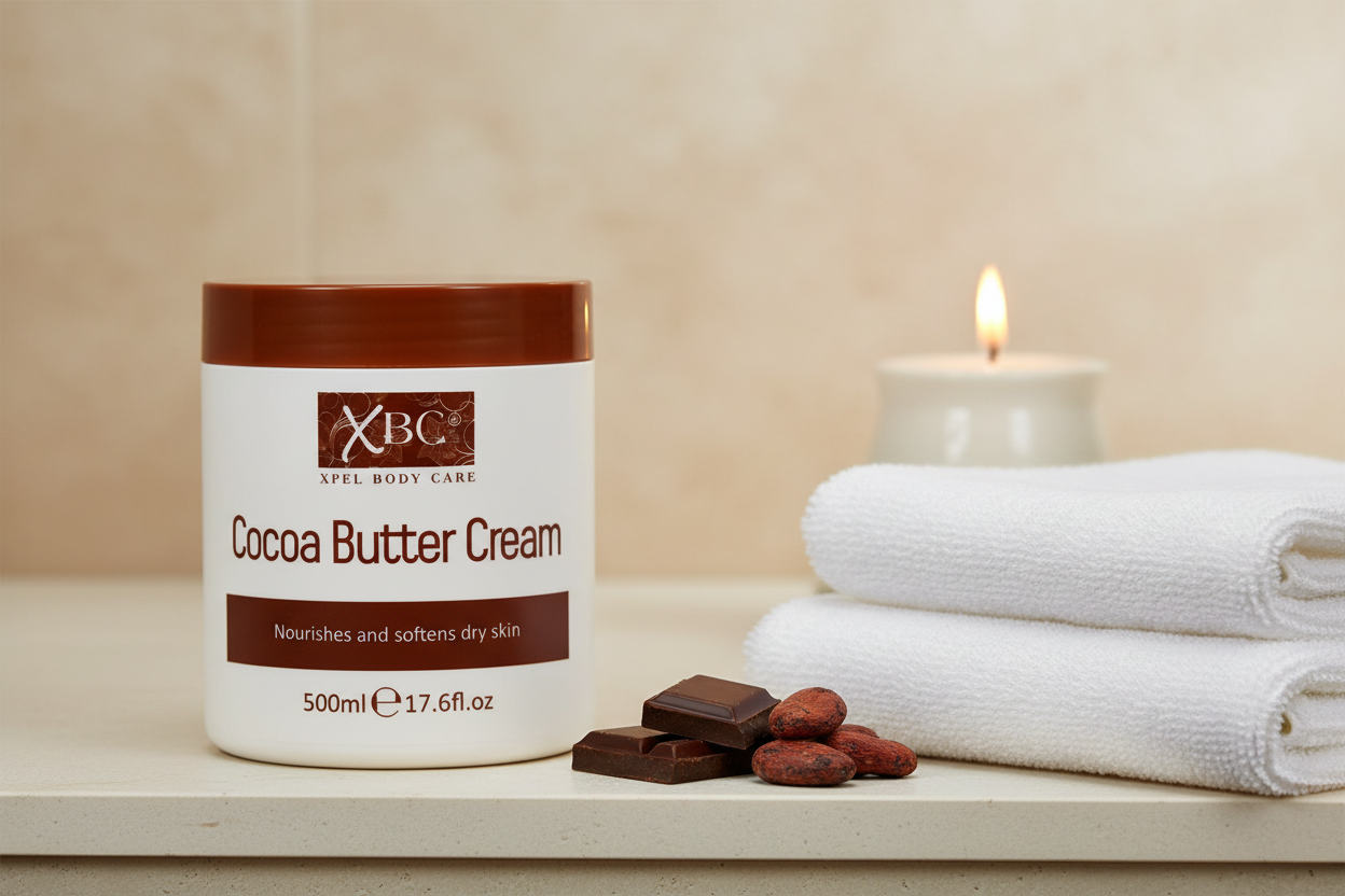 XBC Cocoa Butter Cream 500ml - lifestyle image in bathroom setting with towel and cocoa beans