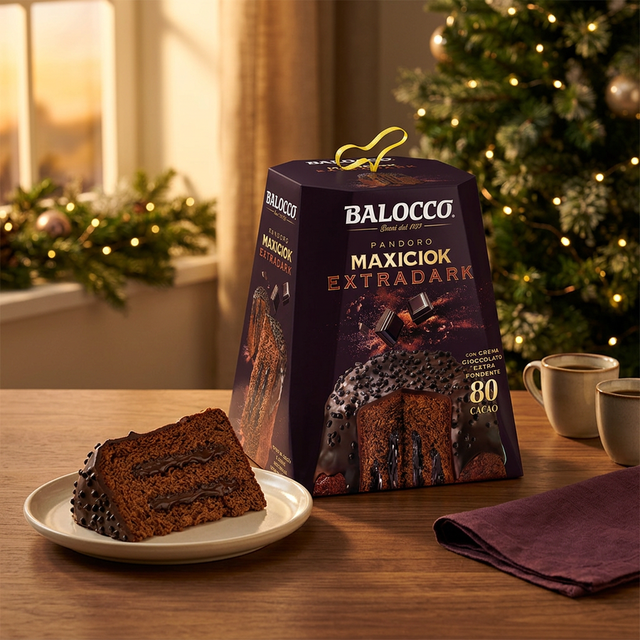 Balocco Pandoro Maxiciok Extra Dark Chocolate Cake with a slice in a festive table setting