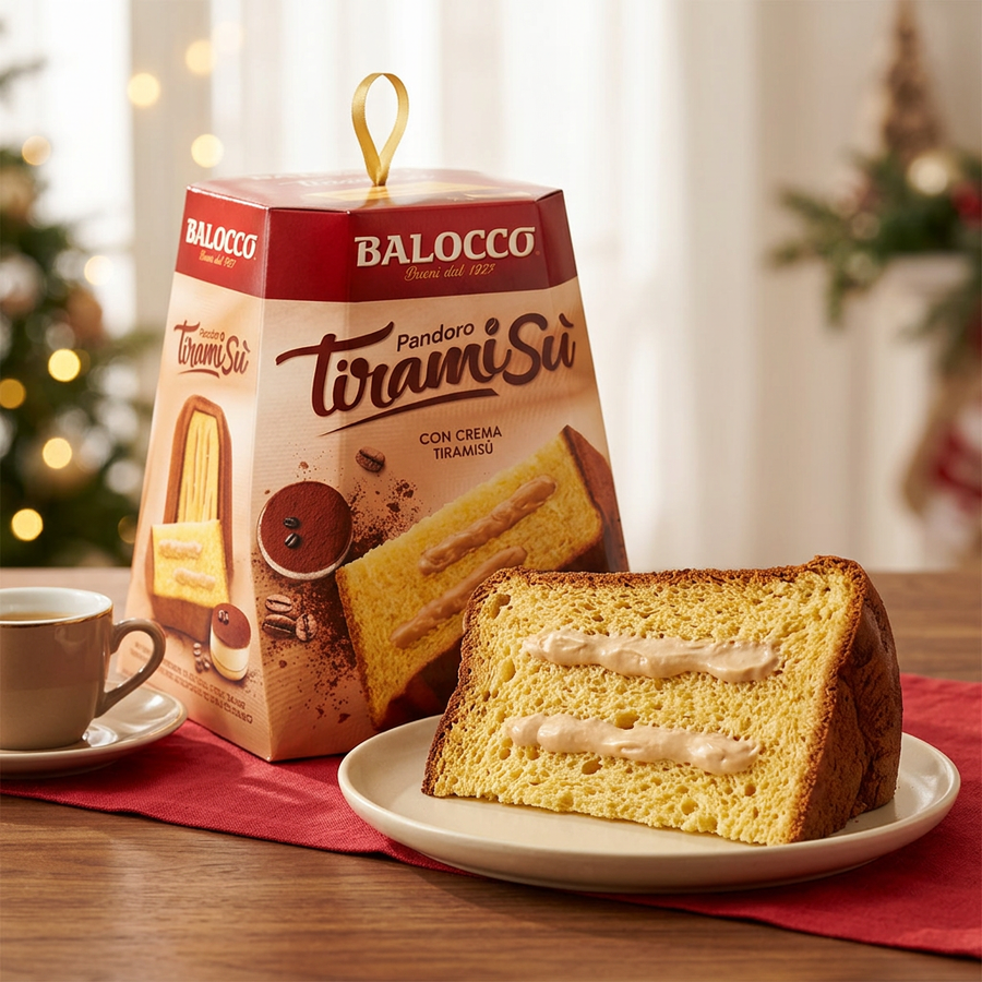 Balocco Pandoro Tiramisu Cream Cake box beside a plated cake slice