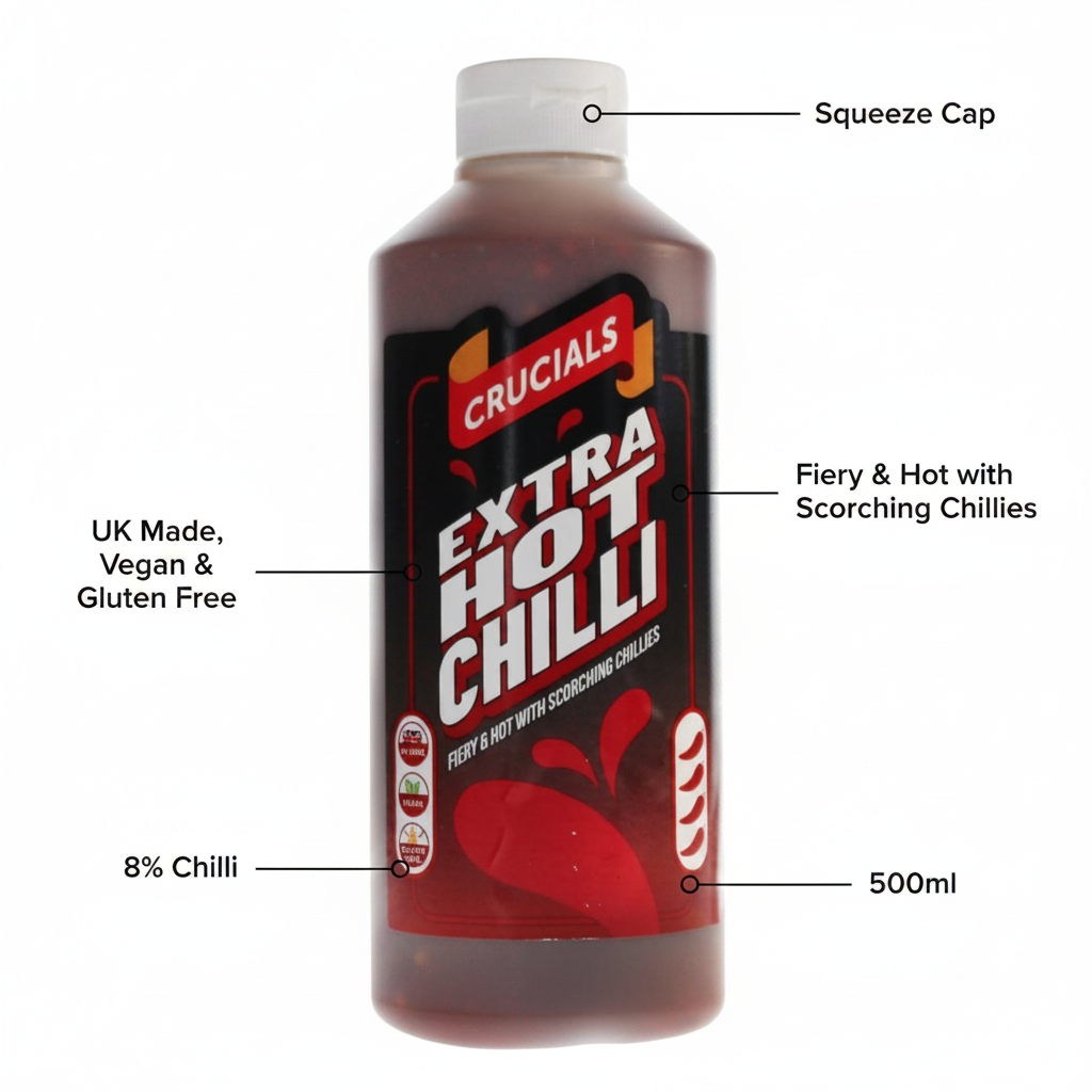 Crucials Extra Hot Chilli Sauce 500ml - product highlight with packaging callouts