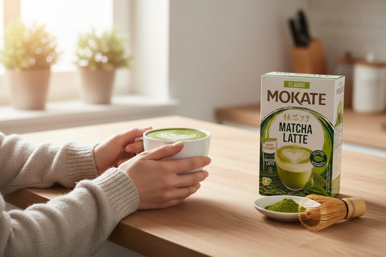A cosy kitchen scene with a frothy green matcha latte in a mug next to the Mokate Classic Matcha Latte box, soft morning light