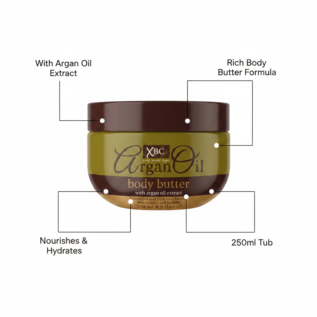 XBC Argan Oil Body Butter 250ml - product highlight with packaging callouts