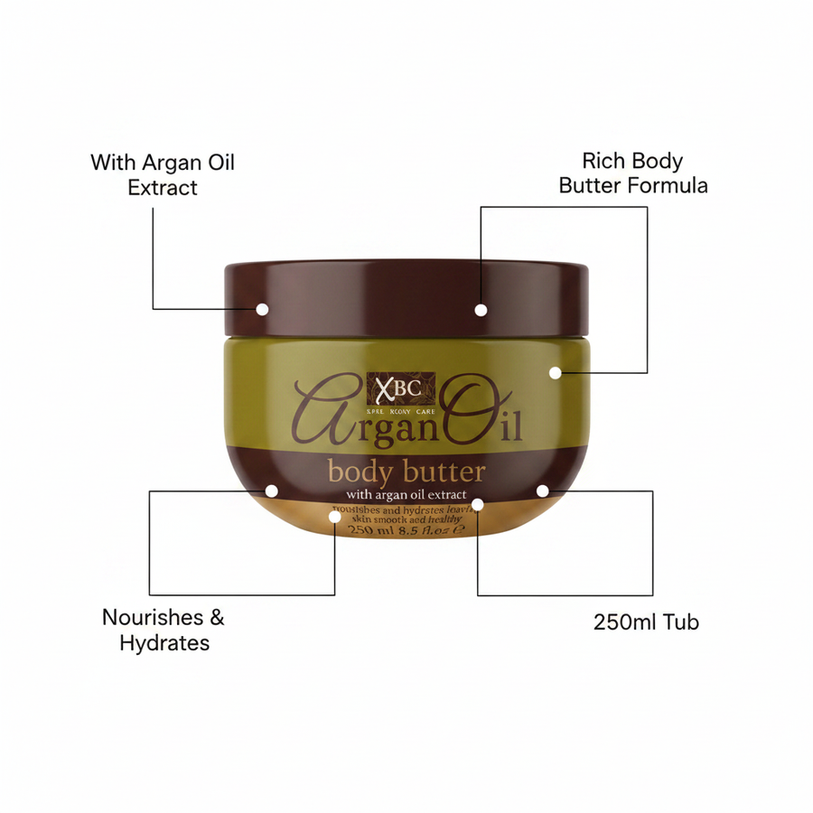 XBC Argan Oil Body Butter 250ml - product highlight with packaging callouts