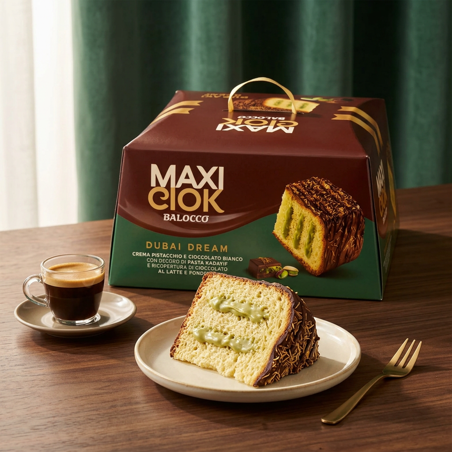 A slice of Balocco Maxi Ciok Dubai Dream Cake on a plate next to a cup of espresso and a gold fork, with the product packaging behind it.