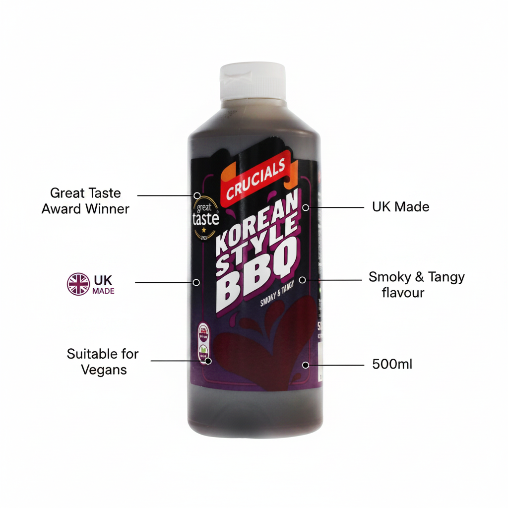 Crucials Korean Style Smoky & Tangy BBQ Sauce 500ml - product highlight with packaging callouts