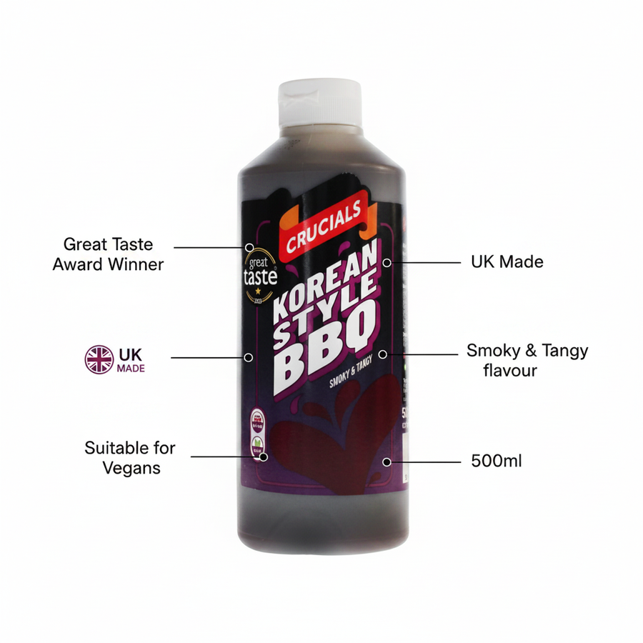 Crucials Korean Style Smoky & Tangy BBQ Sauce 500ml - product highlight with packaging callouts