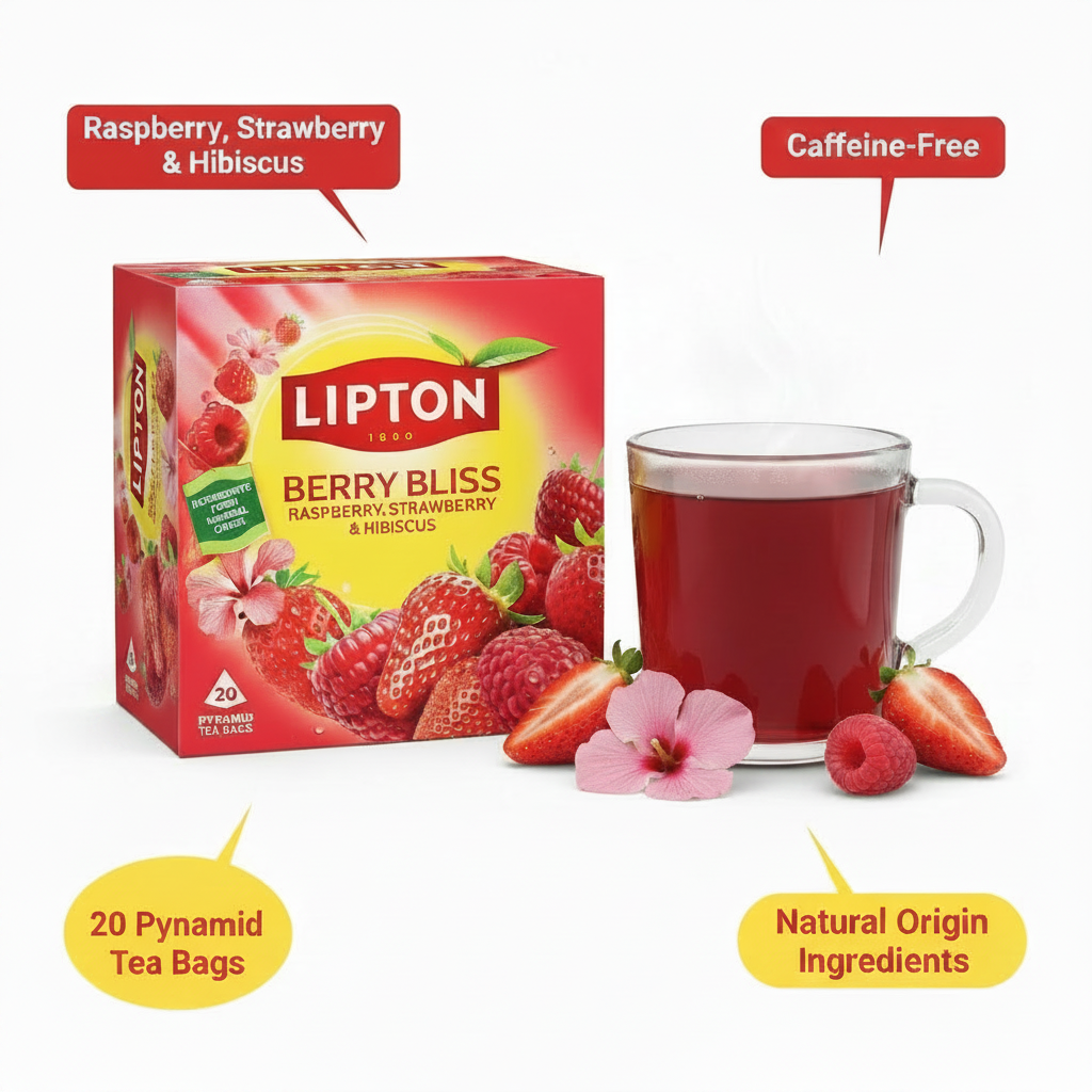Lipton Berry Bliss 20 Pyramid Tea Bags product highlight with key feature callouts