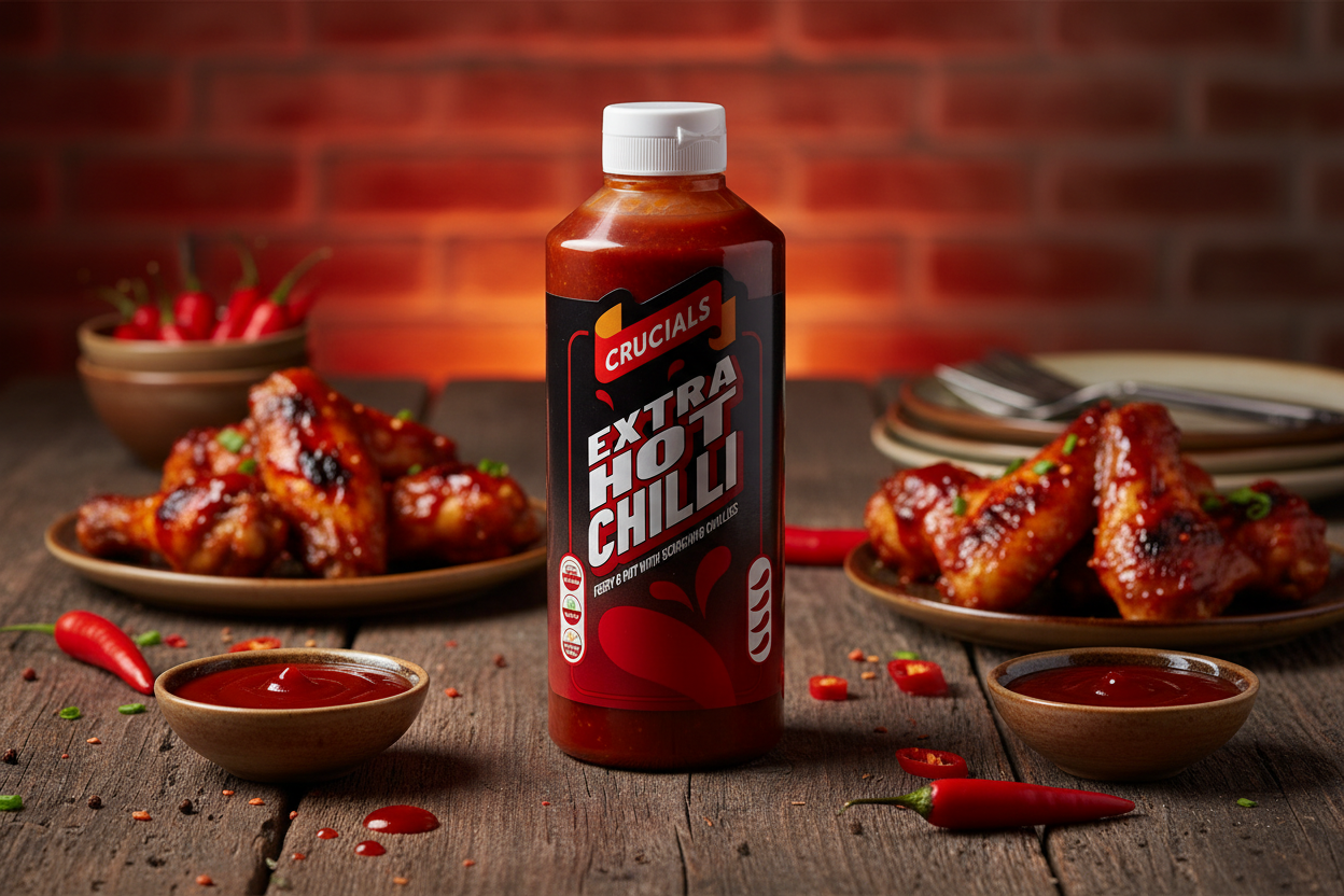 Crucials Extra Hot Chilli Sauce 500ml - lifestyle image with grilled food and chillies