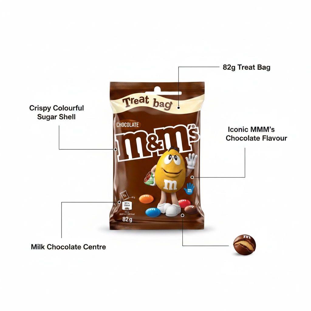 M&M's Chocolate Treat Bag 82g - product highlight with packaging callouts