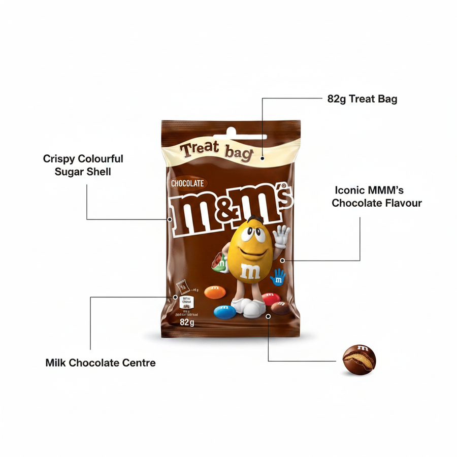 M&M's Chocolate Treat Bag 82g - product highlight with packaging callouts