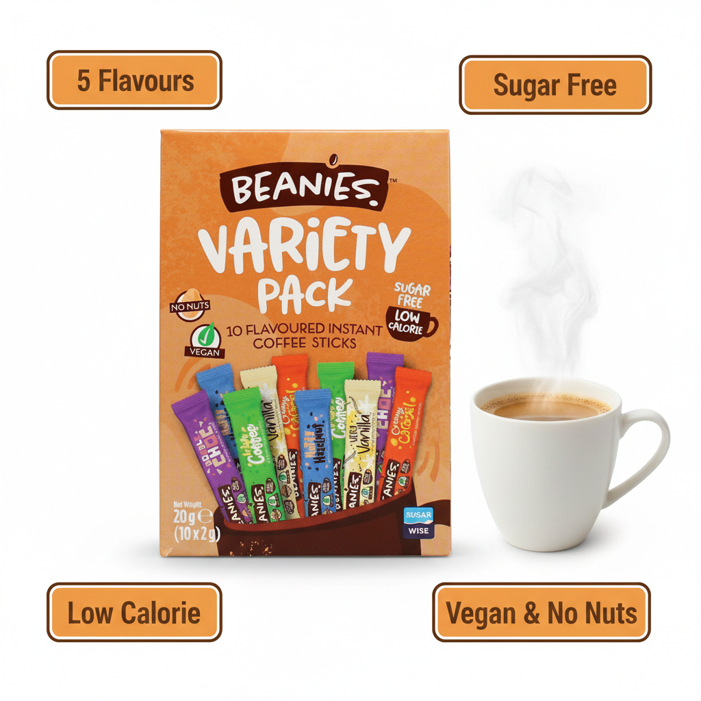 Beanies Variety Pack Instant Coffee Sticks product highlight with key feature callouts