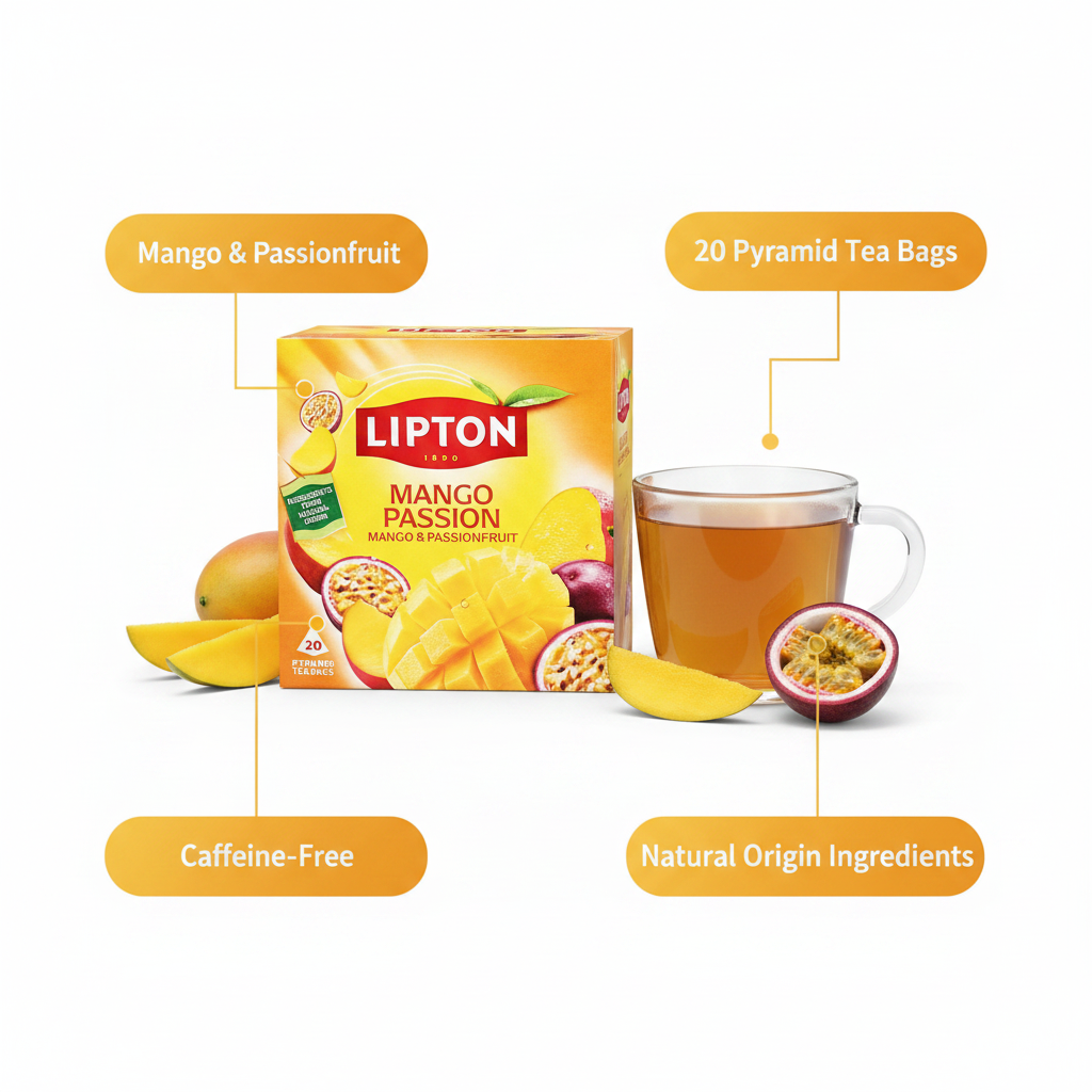 Lipton Mango Passion 20 Pyramid Tea Bags product highlight with key feature callouts