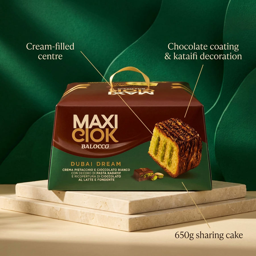 A 650g Balocco Maxi Ciok Dubai Dream Cake topped with kataifi, with labels pointing to the chocolate coating and the cream-filled center.