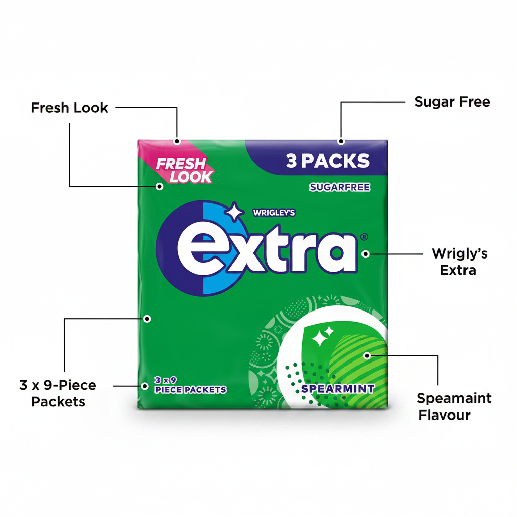 Wrigley's Extra Spearmint Sugar Free Gum 3 Pack - product highlight with packaging callouts