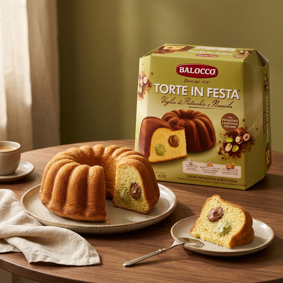 A ring-shaped Balocco Torte In Festa Pistachio & Hazelnut Cream Cake 400g on a plate, beside a slice showing the filling and the product box.