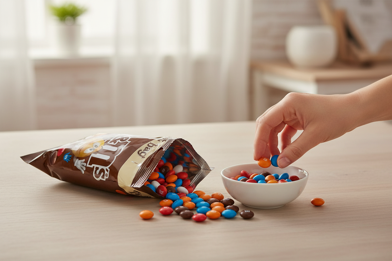M&M's Chocolate Treat Bag 82g - lifestyle image with colourful M&M's spilling into a bowl