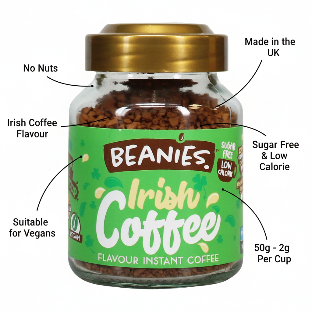 Beanies Irish Coffee Flavour Instant Coffee 50g - product highlight with packaging callouts