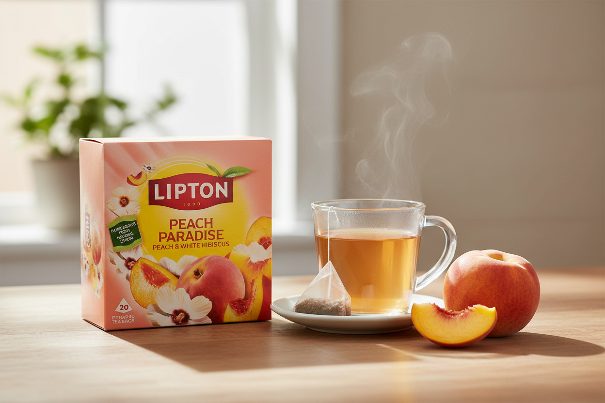 Lipton Peach Paradise 20 Pyramid Tea Bags 46g - lifestyle image with glass mug and fresh peach