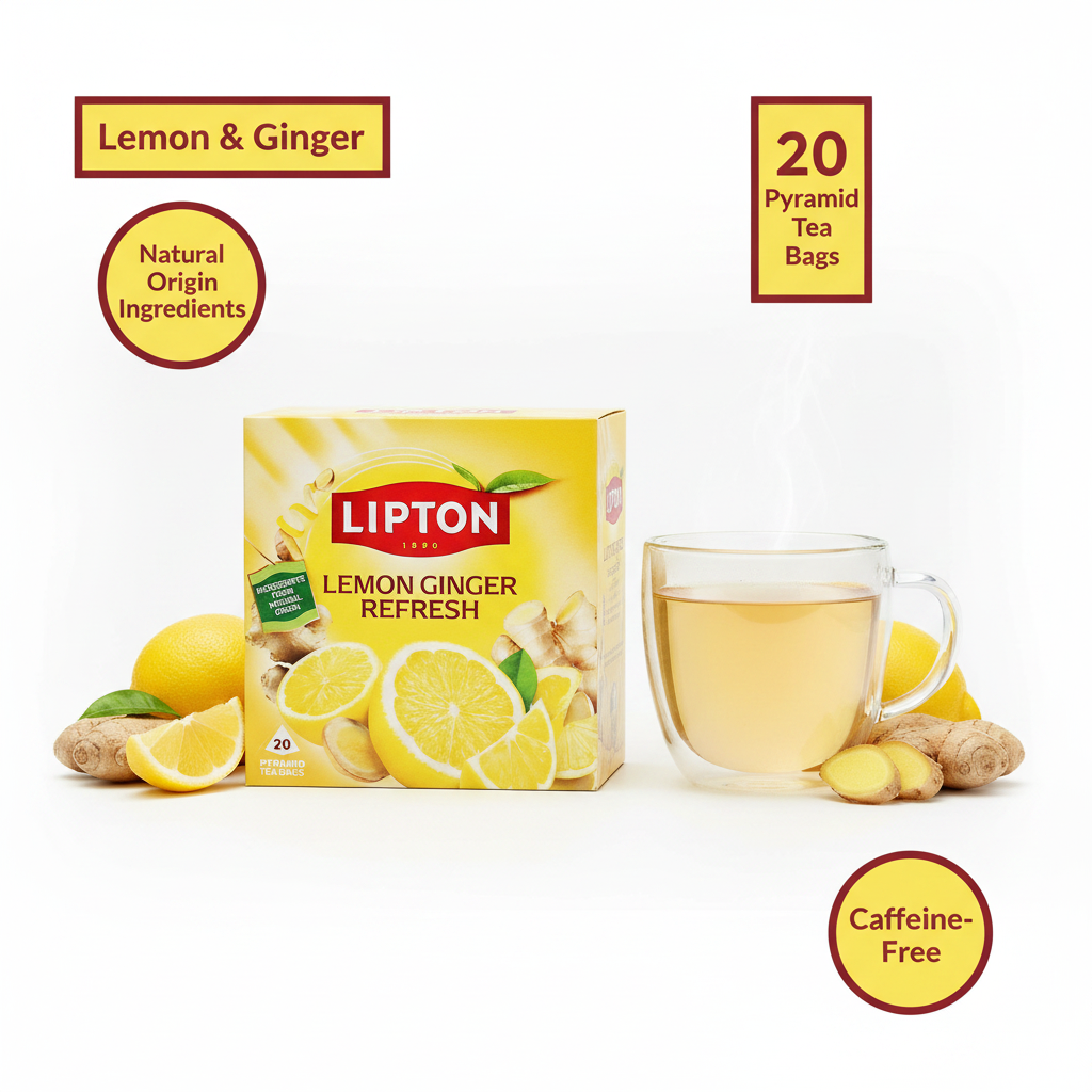 Lipton Lemon Ginger Refresh 20 Pyramid Tea Bags product highlight with key feature callouts