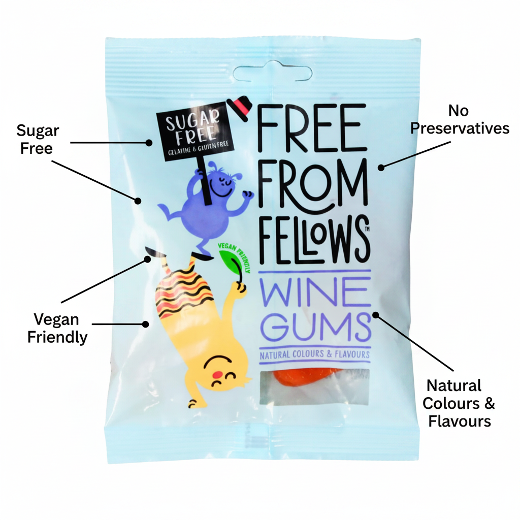 Free From Fellows Sugar Free Wine Gums 70g - product highlight with packaging callouts