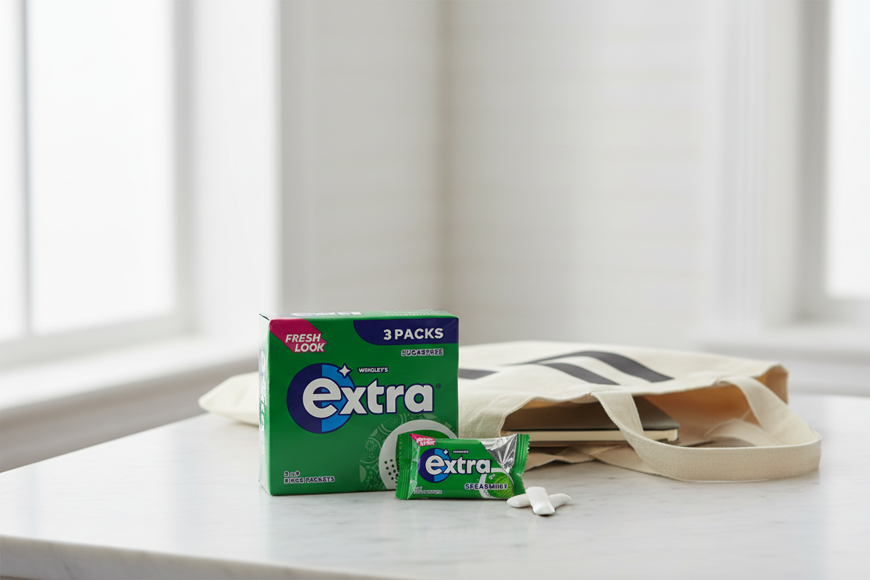 Wrigley's Extra Spearmint Sugar Free Gum 3 Pack - lifestyle image with handbag and individual packet