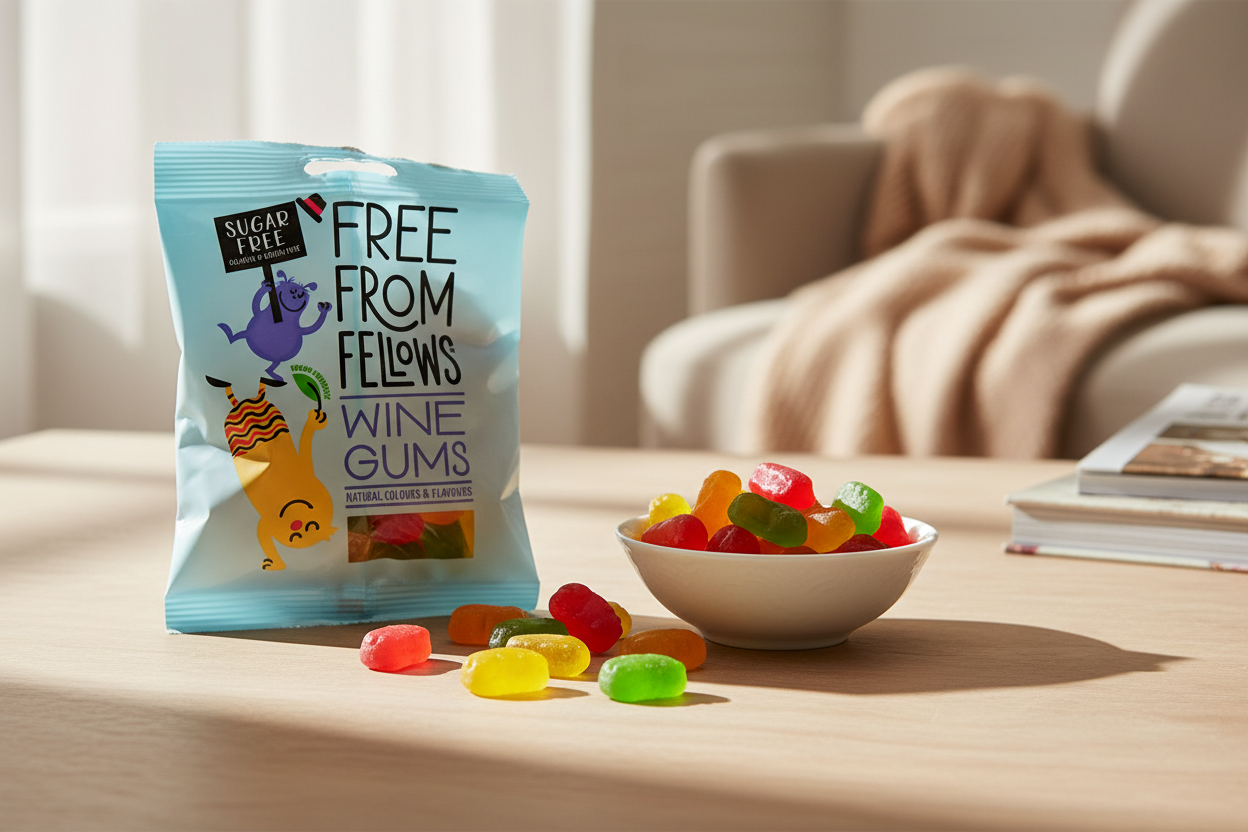 Free From Fellows Sugar Free Wine Gums 70g - lifestyle image with colourful wine gums spilling into a bowl