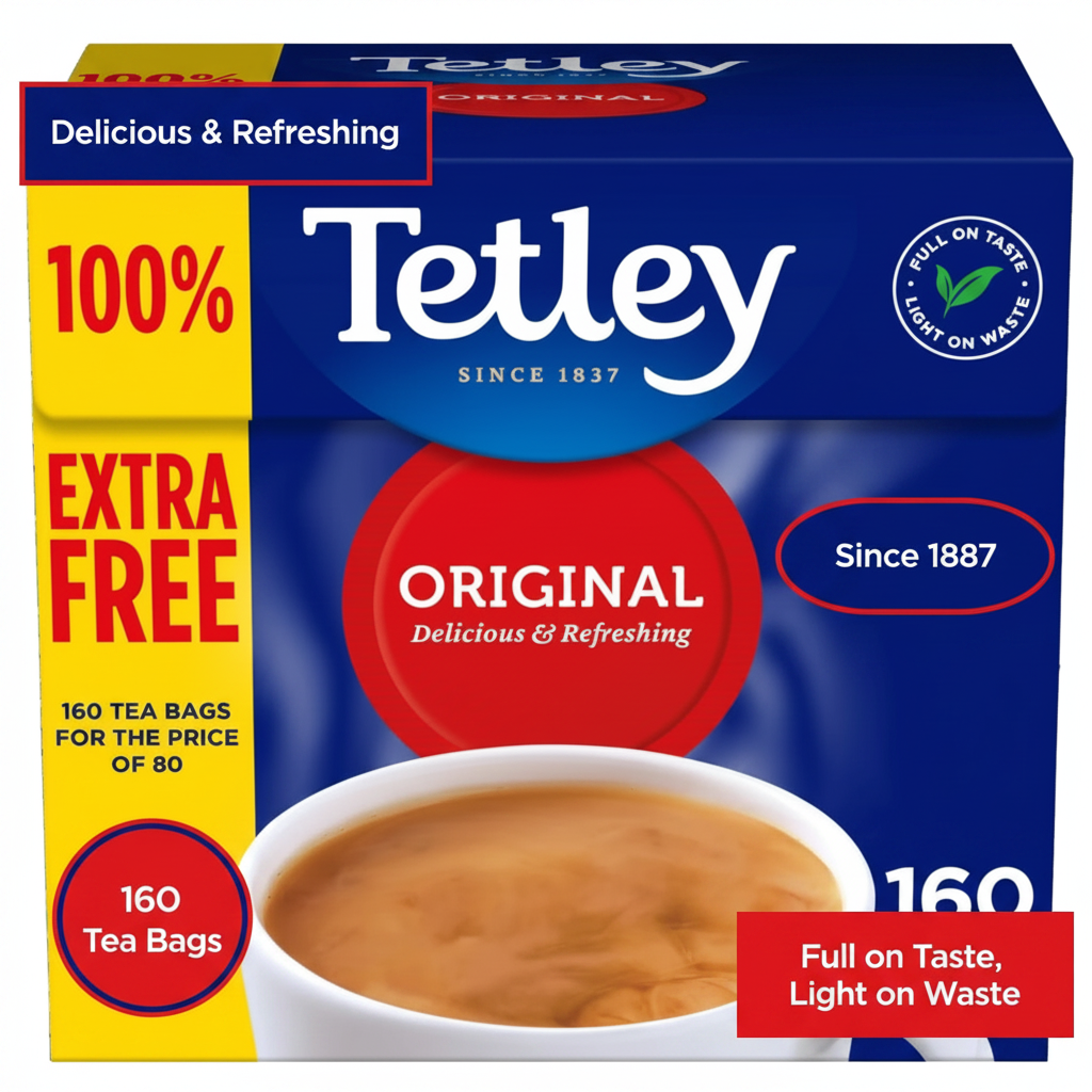 Tetley Original 160 Tea Bags product highlight with key feature callouts