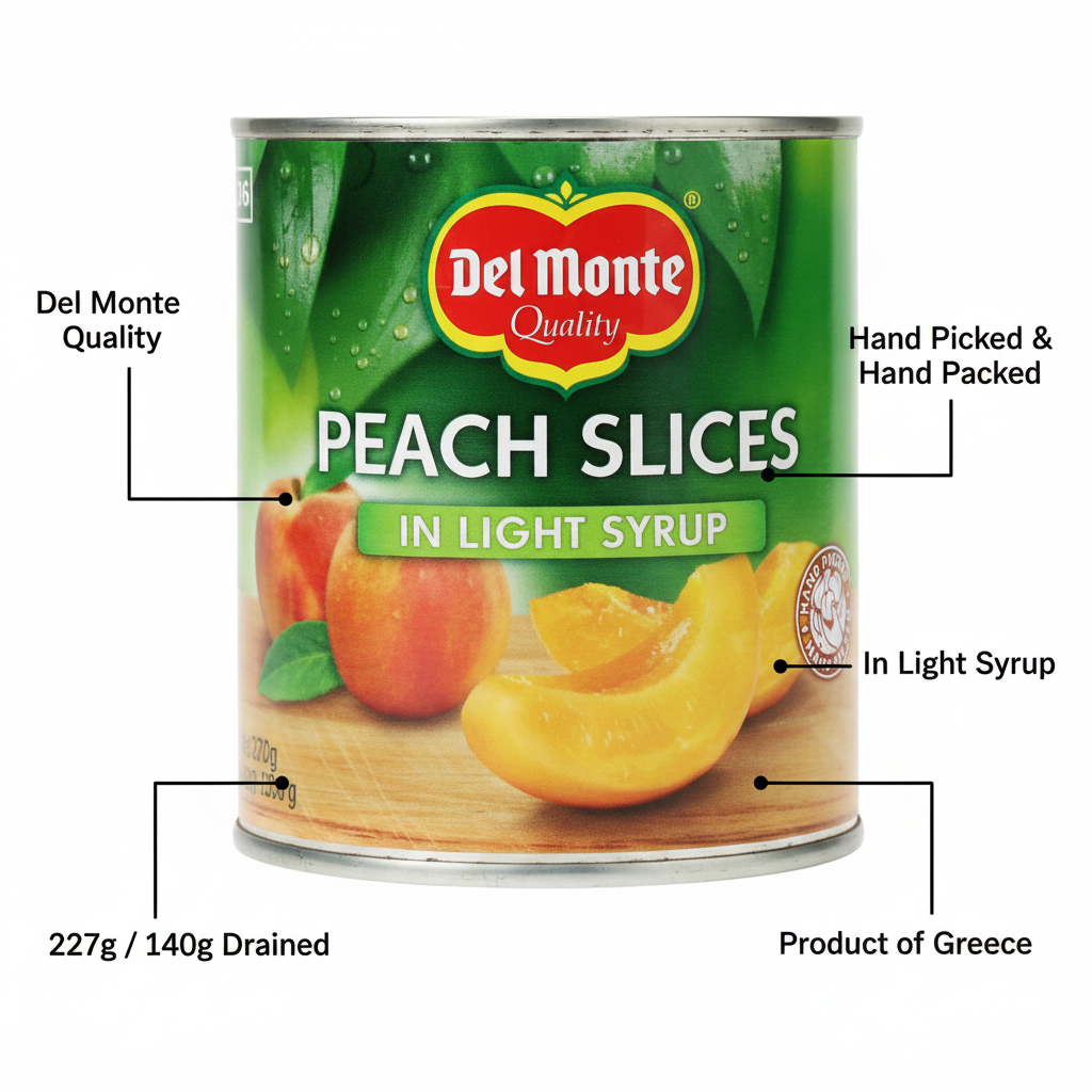 Del Monte Peach Slices in Light Syrup 227g - product highlight with packaging callouts