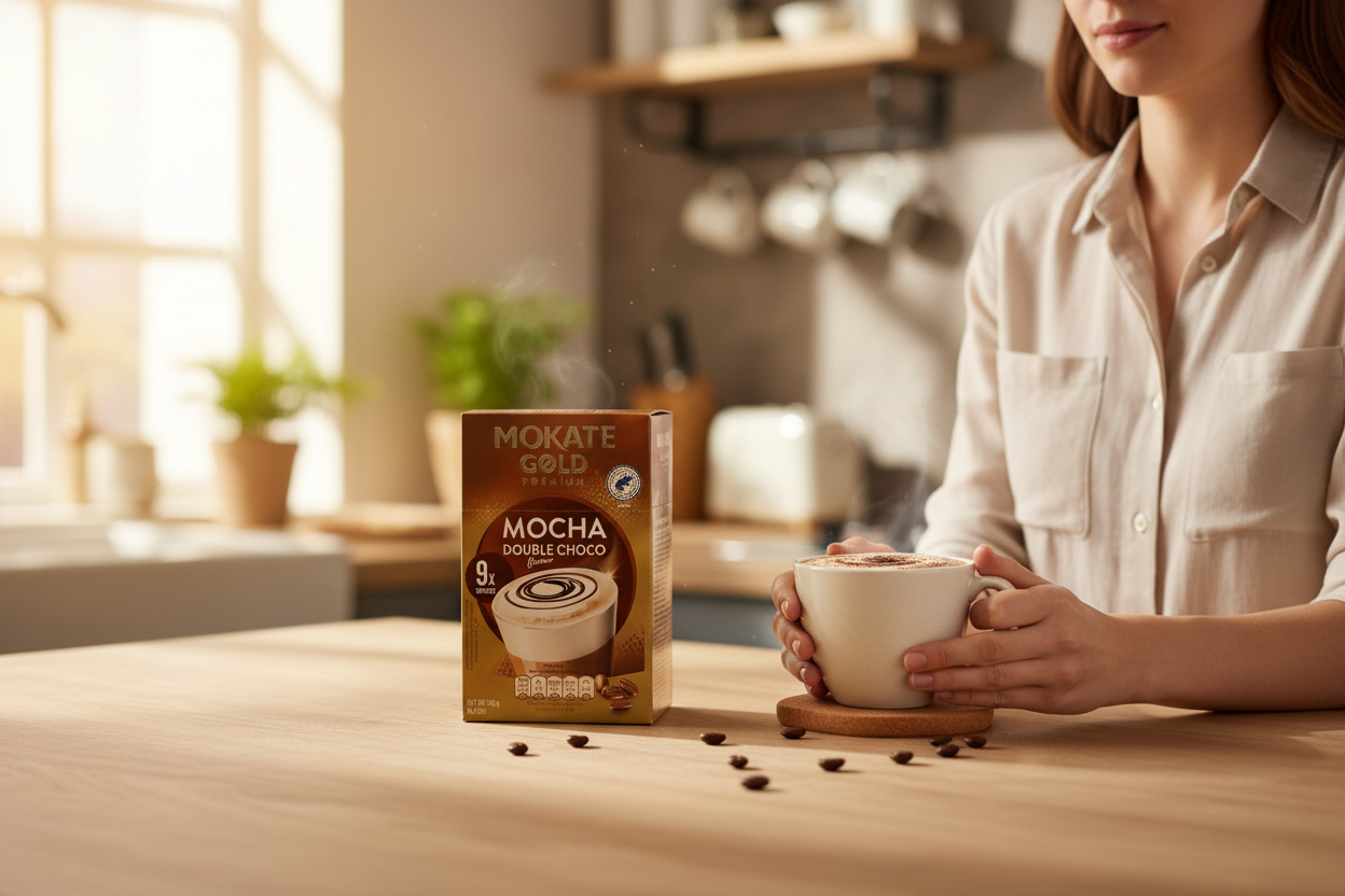 A cosy kitchen scene with a frothy mocha in a mug next to the Mokate Gold box, warm morning light