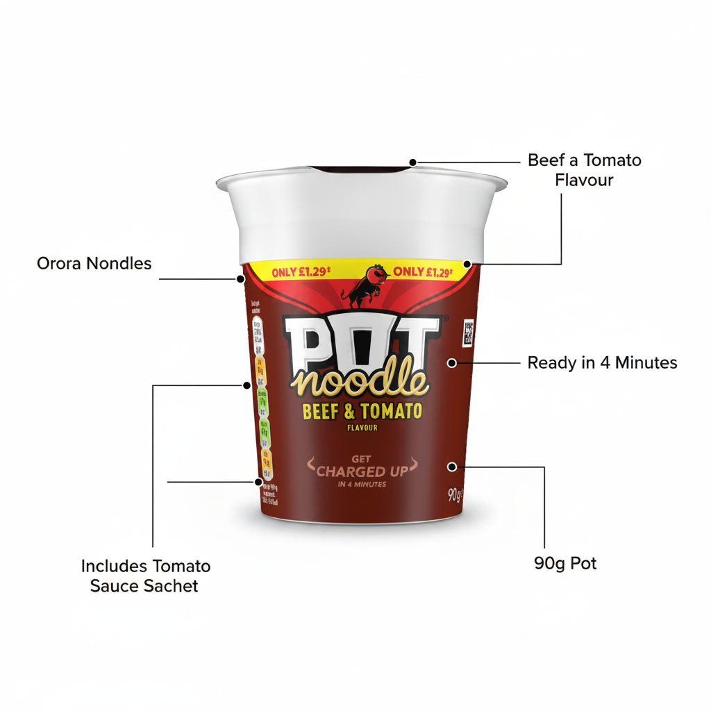 Pot Noodle Beef & Tomato Flavour 90g - product highlight with packaging callouts