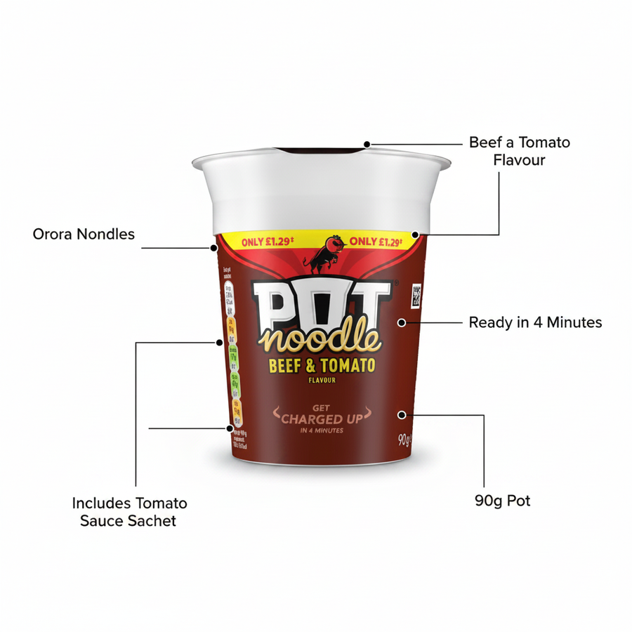 Pot Noodle Beef & Tomato Flavour 90g - product highlight with packaging callouts
