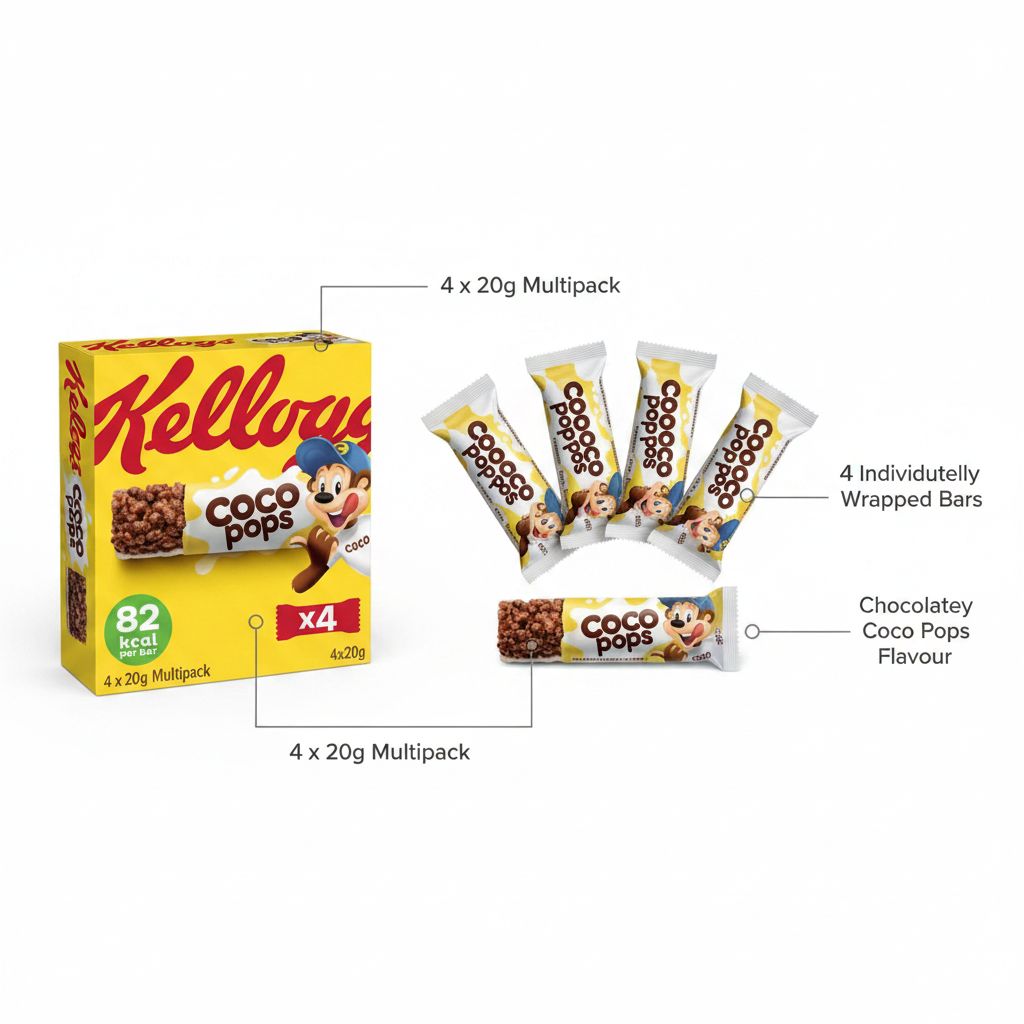 Kellogg's Coco Pops Chocolate Cereal Bars 4x20g - product highlight with bars and packaging callouts