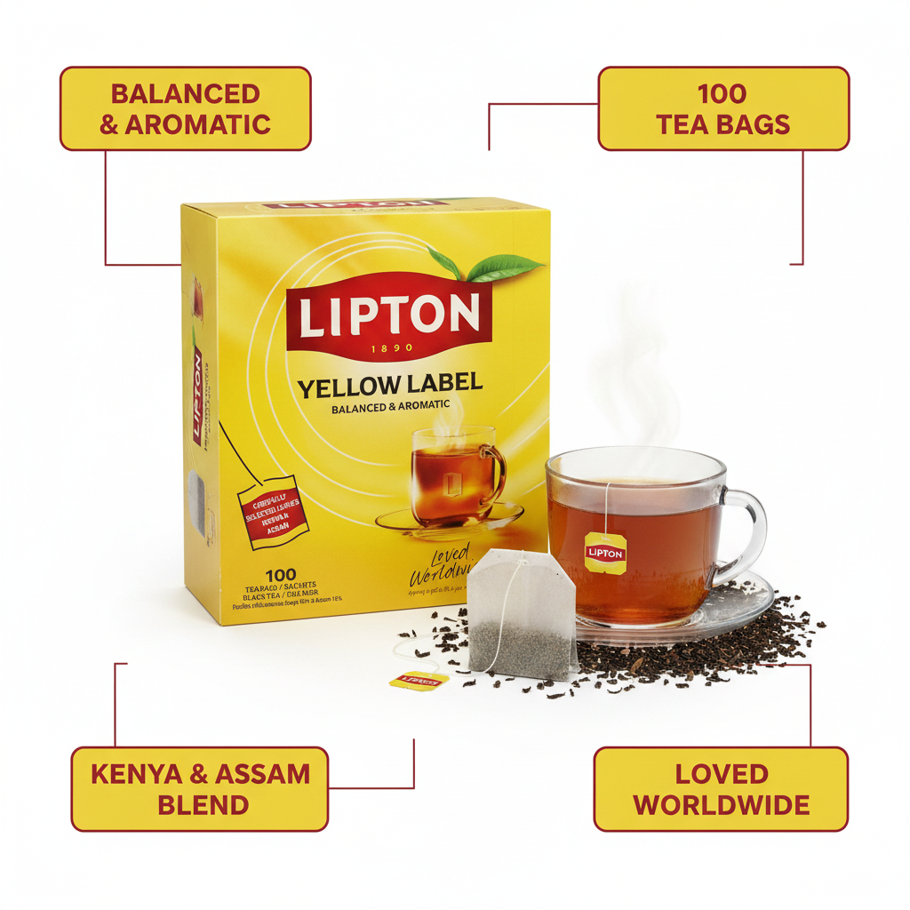 Lipton Yellow Label Black Tea Bags 100 pack product highlight with key feature callouts